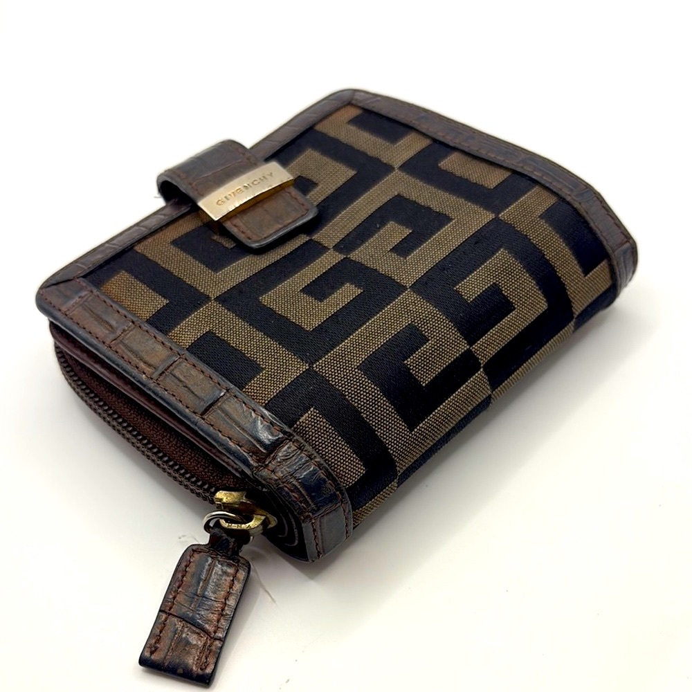 Givenchy Black and Brown Geometric Monogram Wallet Crocodile Embossed